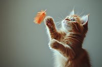 Playful ginger kitten reaching up with paws to catch floating orange feather against neutral background, showcasing natural hunting behavior and feline curiosity.