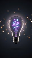 Glowing light bulb with colorful neon spiral filament against dark background with bokeh lights for creative innovation and energy concepts.
