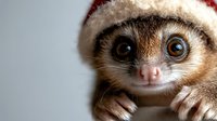 Adorable small primate wearing festive Santa hat with big expressive eyes and tiny hands, perfect for holiday greeting cards and seasonal marketing campaigns.