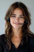 Young female customer service representative wearing headset smiles warmly at camera. Professional portrait against light background shows friendly support specialist.