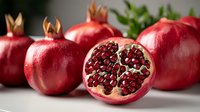 Fresh ripe pomegranates with one cut open showing juicy red seeds against light background, natural food photography for healthy eating concept.