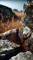 Weathered rocks with golden wild grass growing between crevices, creating contrast against blurred natural landscape background.