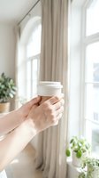 Hands holding white coffee cup by bright window with plants in cozy home interior for morning routine and lifestyle concepts.