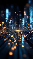Abstract digital cityscape with glowing blue light rays and golden particles creating dynamic zoom effect against dark background. For technology concepts.