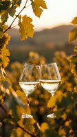Two wine glasses toasting in vineyard during golden hour sunset with autumn grape leaves and rolling hills creating romantic atmosphere for celebration.