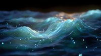 Dramatic ocean waves with glowing turquoise water against dark background, illuminated by mysterious light creating magical atmosphere with sparkles and reflections.