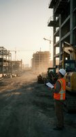 Construction worker in safety vest and hard hat reviewing plans at busy building site with cranes and concrete structures during golden hour sunset.