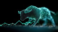 Glowing turquoise bull figure emerging from particle effects against dark background with rising financial chart line, representing market growth and trading concept.