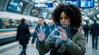 Young woman with dark curly hair and medium skin tone wearing olive jacket, interacting with holographic digital interface at train station. Use for technology, innovation, future concepts.