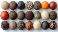 Round clay beads in natural earth tones arranged in neat rows showing various textures and patterns from smooth to crackled, spotted, and giraffe print designs.