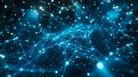 Glowing blue network connections with light particles floating in dark space create futuristic technology visualization for business and science backgrounds.