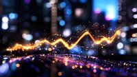 Glowing financial chart line with golden light trail against blurred city nightscape background with bokeh lights, showing market growth and success.