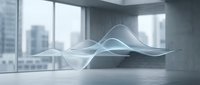 Flowing translucent wave sculpture suspended in modern minimalist interior with floor-to-ceiling windows overlooking urban skyline, contemporary art installation.