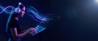 Young Asian woman using tablet with glowing digital data streams and light effects on dark background for technology and innovation concepts.