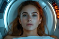 Young woman with red hair lying in MRI scanner during medical examination, dramatic blue lighting creates futuristic atmosphere for healthcare concept.