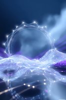 Glowing network connections forming circular pattern with flowing light waves against dark blue background, illuminated by bright nodes and purple accents.