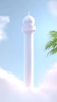 White minaret tower against soft blue sky with palm leaf fragment, dreamy atmospheric religious architecture in minimalist style. Suitable for faith concepts.
