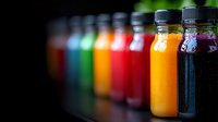 Colorful fresh juice bottles lined up in rainbow order with vibrant orange, red, green and purple drinks against dark background, selective focus on orange bottle.