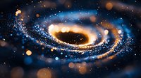 Magical spiral of glowing particles and light trails creating cosmic swirl effect against dark background with bokeh lights and sparkles in blue and gold colors.