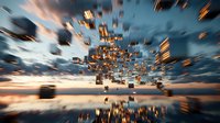 Surreal landscape with floating metallic cubes scattered across dramatic sunset sky, reflecting in calm water surface with motion blur effect creating dynamic perspective.