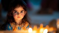 Young girl in traditional dress gazing at glowing candles with wonder, soft bokeh lighting creates magical atmosphere during cultural celebration.