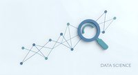 Data science analytics with magnifying glass and network connections showing growth trends and statistical analysis for business intelligence research.