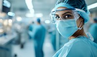 Female medical professional in protective gear and surgical mask looking at camera in hospital operating room with blurred medical team background.
