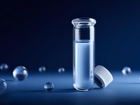 Clear glass laboratory test tube with liquid and white cap on blue background with water droplets, used in scientific research and medical testing.
