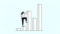 Businesswoman climbing bar chart steps toward success and growth goals in minimalist line art style on light background.