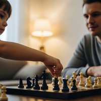 Father and son playing chess together at home, family bonding time with strategic board game in cozy living room setting with warm lighting atmosphere.