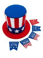 Patriotic top hat with red, white, and blue stripes, blue crown, and star details, accompanied by decorative banner flags featuring historical dates and stars, isolated on white background for holiday designs.