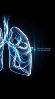 Glowing neon lungs with flowing blue energy streams on dark background, representing respiratory health, breathing rhythms, and pulmonary function for medical and wellness designs.