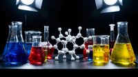 Laboratory glassware with colorful chemical solutions and molecular model on dark background. Science research equipment for chemistry experiments and analysis.