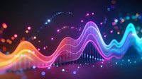 Vibrant sound wave visualization in neon colors against dark background with glowing particles and bokeh effects creates dynamic audio spectrum display.