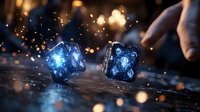 Glowing blue dice with magical aura rolling on wooden surface amid sparkling lights and bokeh effects, creating mystical gaming atmosphere for fantasy tabletop concepts.