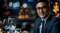 Professional Asian businessman in glasses smiling at upscale restaurant with wine glass and bokeh city lights background for corporate dining concepts.