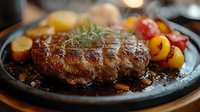 Grilled beef steak with herbs and roasted vegetables on cast iron plate, restaurant quality meat dish for culinary and food service marketing.