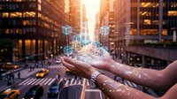 Hand holding glowing digital city hologram above urban street with buildings and traffic during golden hour sunset for technology and innovation concepts.