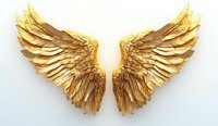 Golden angel wings spread wide against white background, detailed metallic feathers with rich texture and dimensional layering create dramatic celestial art piece.