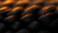 Macro shot of black braided rope or cord with warm orange sunset light creating dramatic highlights and shadows on the textured surface. Artistic detail photography.