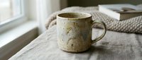 Rustic ceramic mug with speckled glaze sits on neutral linen fabric near a sunlit window, perfect for beverage product mockups and home decor designs.