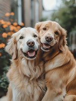 Two happy golden retriever dogs posing together outdoors with blurred garden background, perfect for pet care, veterinary, and animal wellness marketing materials.