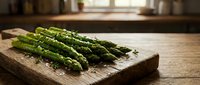 Fresh green asparagus spears on wooden cutting board in rustic kitchen setting with natural lighting for healthy cooking and meal preparation.