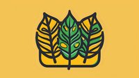 Minimalist botanical logo design featuring three stylized monstera leaves in green and yellow with black outline on orange background. Isolated element for branding.