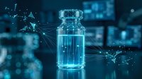Digital pharmaceutical vial with network connections and data visualization in modern laboratory setting for medical technology applications.