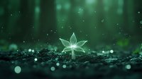 Glowing ethereal plant sprouts from dark soil against mystical green forest background with bokeh light effects and magical sparkles in dreamy atmosphere.