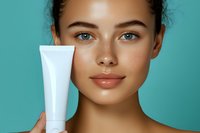 Young woman with natural glowing skin holding white cosmetic tube against turquoise background, showcasing clean beauty and skincare concept.