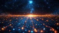 Futuristic digital landscape with glowing orange and blue light grid extending to horizon under starry night sky, representing technological advancement.