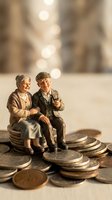 Elderly couple figurines sitting on pile of coins representing retirement savings and financial planning for senior years with warm bokeh background.