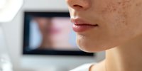 Close-up profile of woman's lips and chin with computer monitor displaying blurred content in background for digital communication and technology concepts.